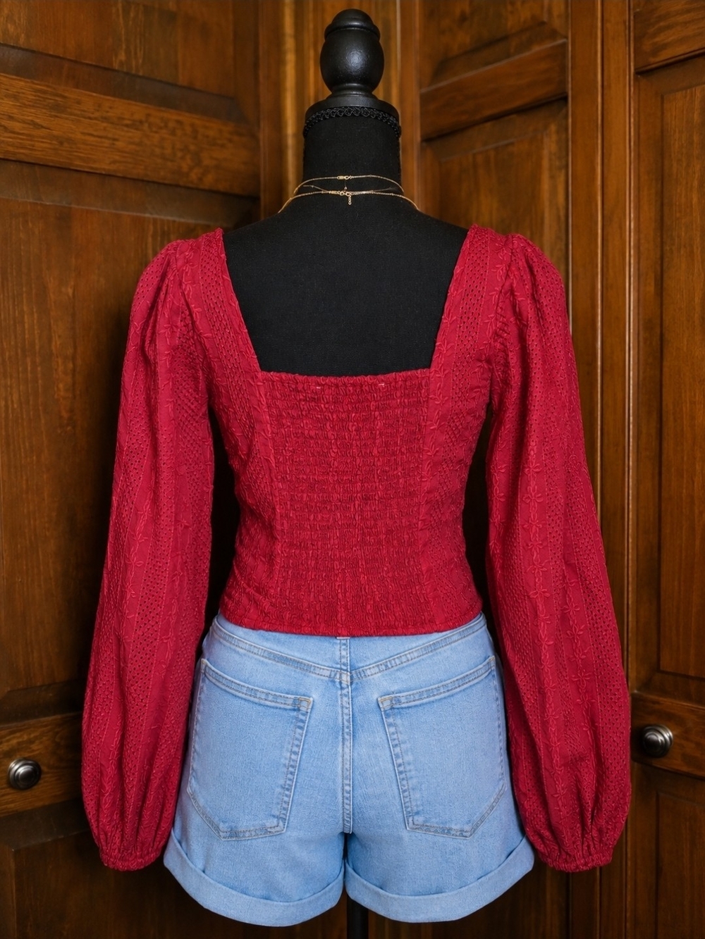 Altar'd State Red Square-Neck Button-Front Peasant Top - Picture 4 of 4